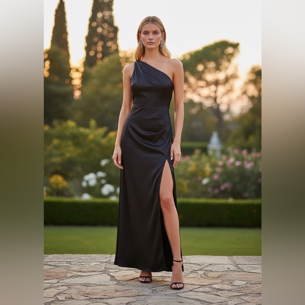 Lulus Signature Elegance Black Satin One-Shoulder Maxi Dress Size Large New NWT - Picture 8 of 13